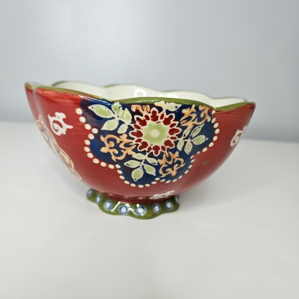 Dutch Wax Hand painted Ceramic Bohemian Boho Floral  Footed Bowl Red